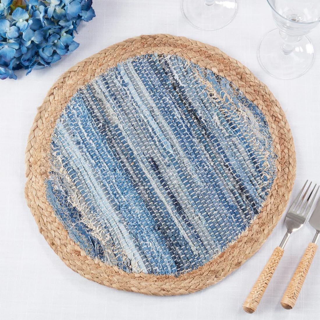 Fennco Styles Rustic Denim Chindi Placemats 15" Round, Set of 4 - Navy Blue Cotton Jute Woven Table Mats for Home, Dining Room Décor, Banquets, and Special Events