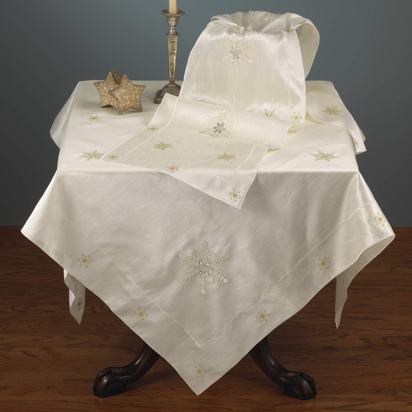Fennco Styles Crystal Accents Embroidered Snowflake Tablecloth 40 x 40 Inch - Ivory Holiday Table Cover for Christmas, Wedding, Dinner Parties, Home Décor and Everyday Use
