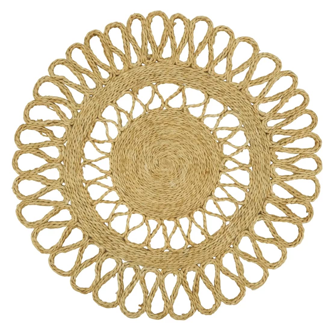 Fennco Styles Handwoven Loopy Jute Placemats 16" Round, Set of 2 - Natural Floral Shape Braided Table Mats Heat Resistant Insulation for Home, Boho Décor, Dining Table, Banquets, Special Events