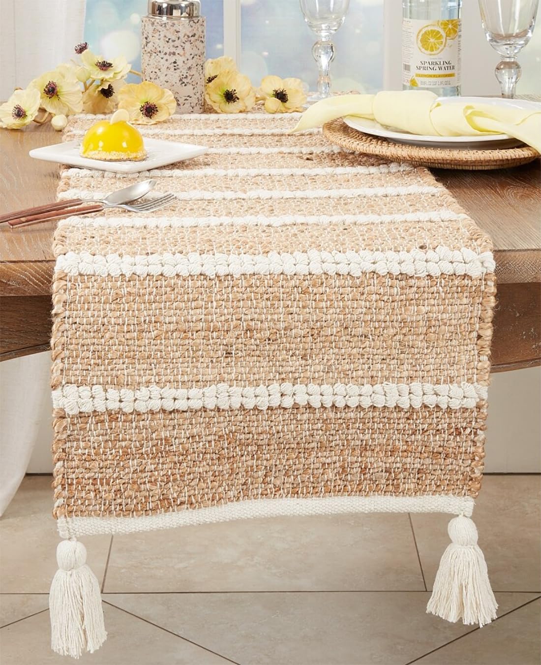 Fennco Styles Cotton Jute Woven Striped Tassel Table Runner 16" W x 72" L - Black Rustic Table Cover for Home Décor, Dining Table, Banquets, Family Gathering and Special Events