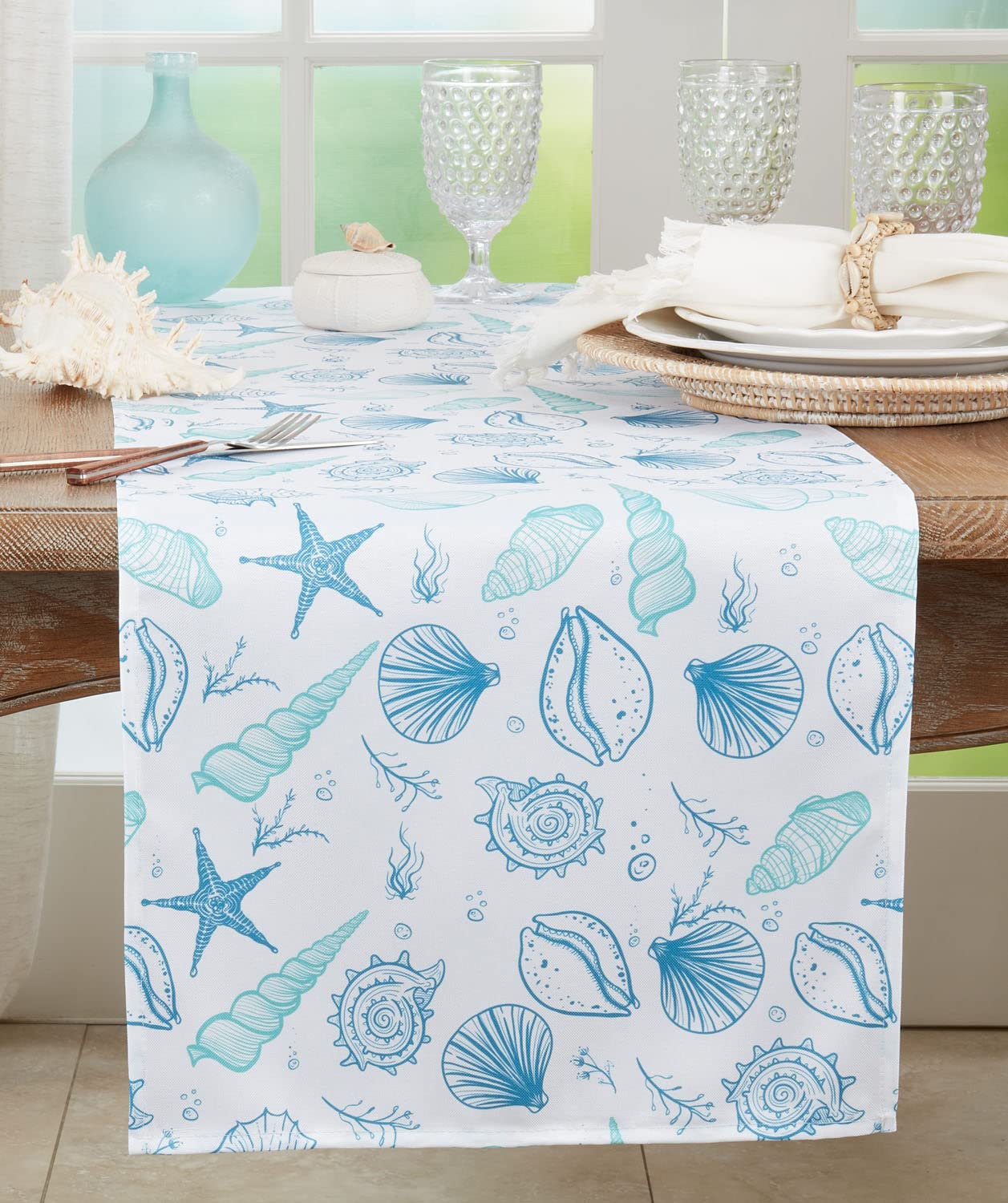 Fennco Styles Coastal Seashells Table Runner 16" W x 70" L - Blue Sealife Nautical Table Cover for Dining Room Decor, Everyday Use, Summer Gathering, Banquets, and Special Occasions