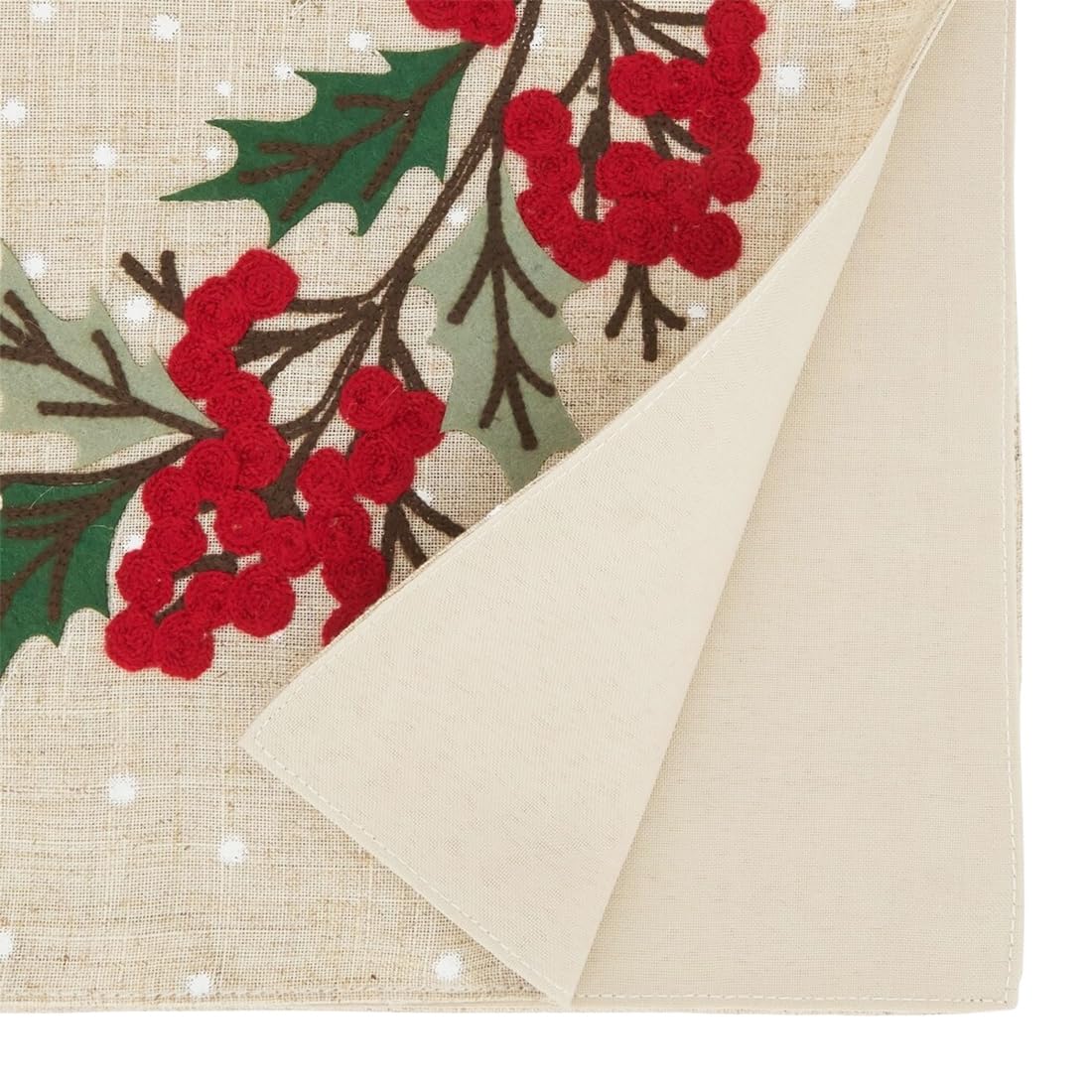 Fennco Styles Holly Berry Wreath Christmas Table Runner 16"W x 70"L - Natural Festive Linen Blend Table Cover for Winter Holidays Décor, Dining Table, Banquet, Family Gathering, and Special Occasions