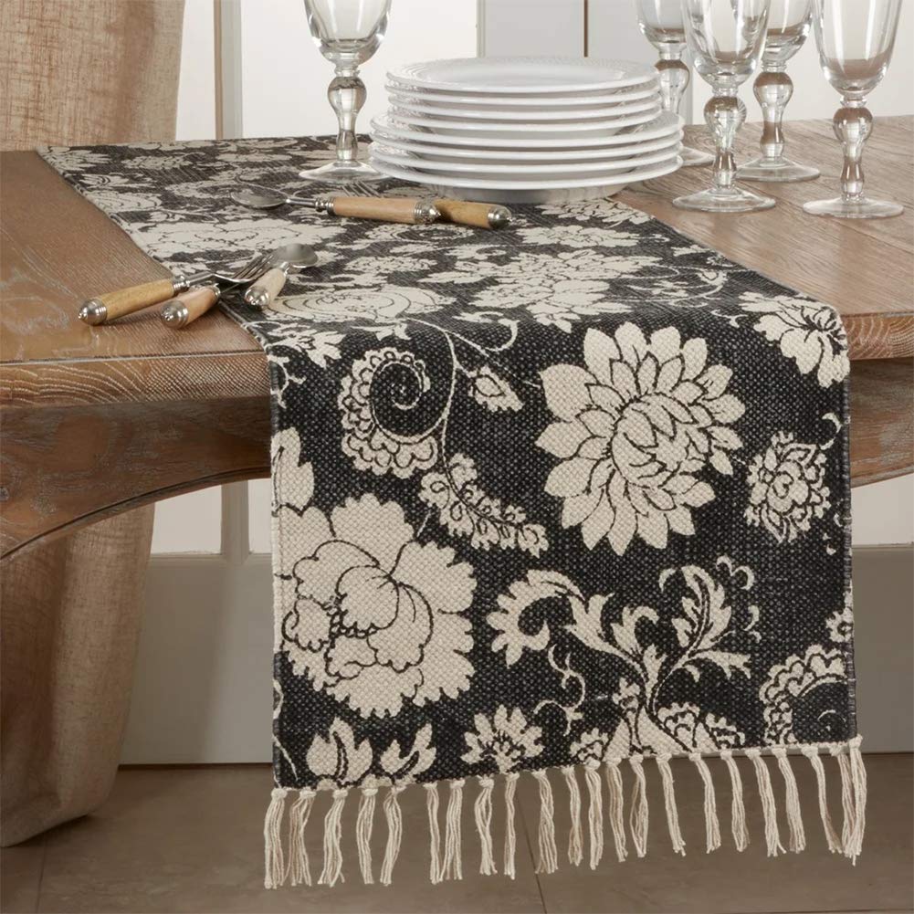 Fennco Styles Fringed Floral Cotton Table Runner 16 x 72 Inch – Black Table Cover for Home Décor, Dining Table, Banquets, Holidays and Special Events
