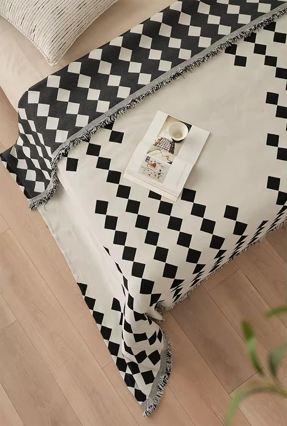 Fennco Styles Diamond Fringe Chenille Reversible Throw Blanket 50" W x 72" L - Black and White Geometric Woven Soft Blanket for Bed, Couch, Sofa, Home, Office and Holidays Décor