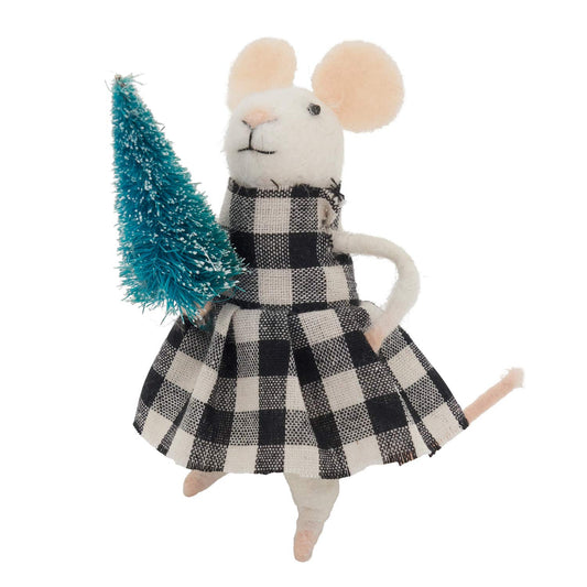 Fennco Styles 4" H Handmade Wool Blend Buffalo Plaid Mouse with Tree Christmas Ornament 1-Piece - Creative Figurine for Christmas Tree Décor, Holiday, Home, Tabletop and Kids Room Decorations