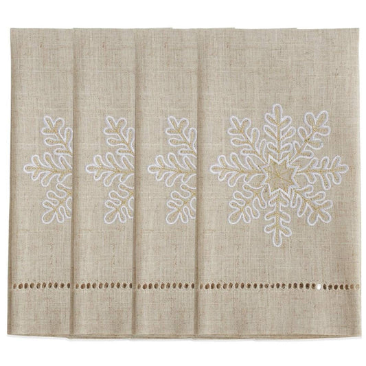 Fennco Styles Embroidered and Hemstitched Design Snowflake Linen-Poly Guest Towels 14 x 22 Inch, Set of 4 – Natural Modern Hand Towels for Bathroom Decor, Bar Accessories, Wedding Gift