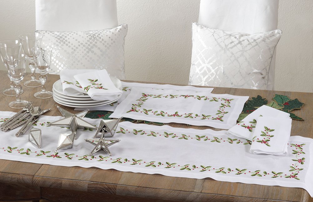 Fennco Styles Holiday Holly Embroidered Linen-Cotton Christmas Table Runner, 16"x72"