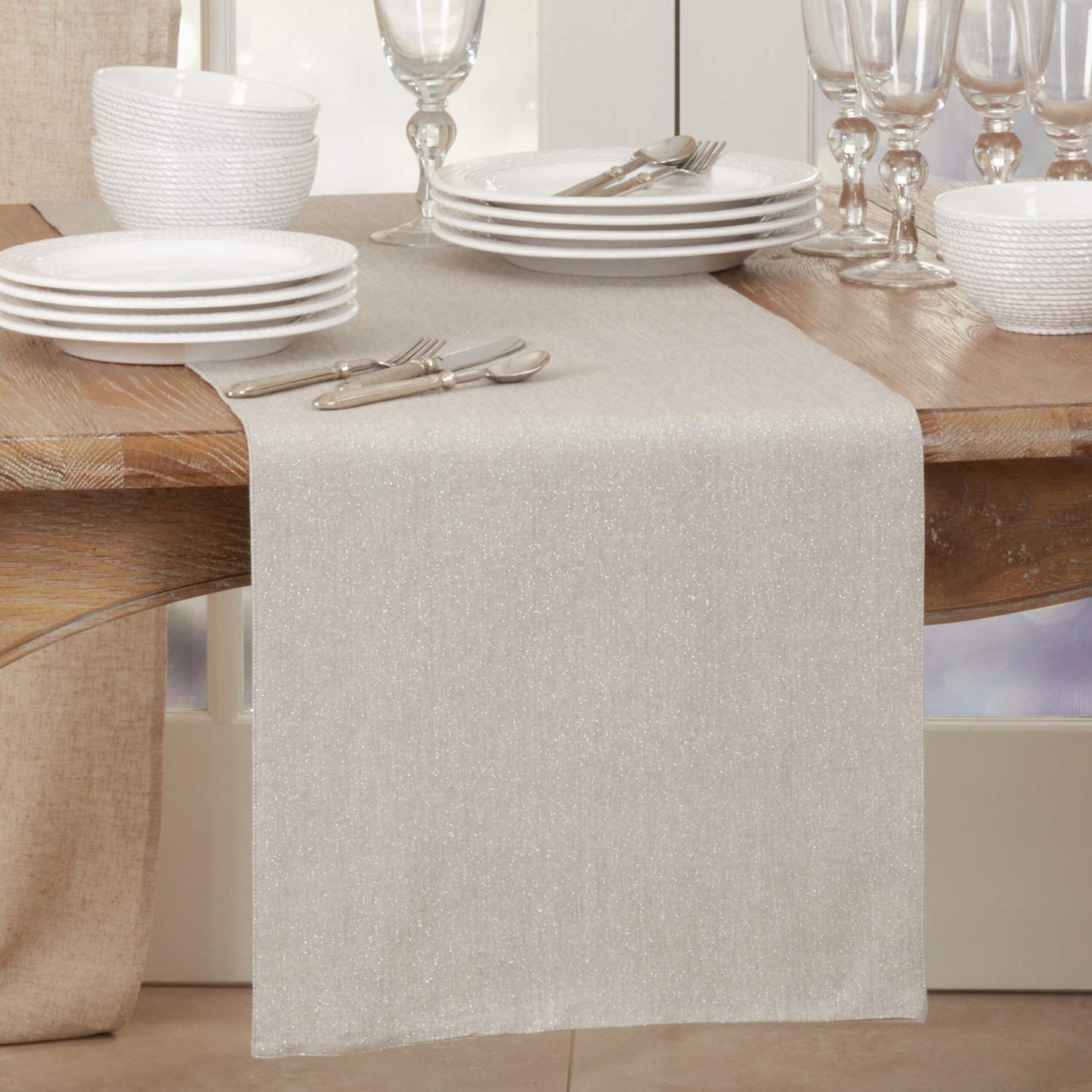Fennco Styles Shimmer Metallic Cotton Table Runner 16" W x 72" L - Silver Table Cover for Home Décor, Dining Table, Banquet, Family Gathering, Holiday, and Special Occasion