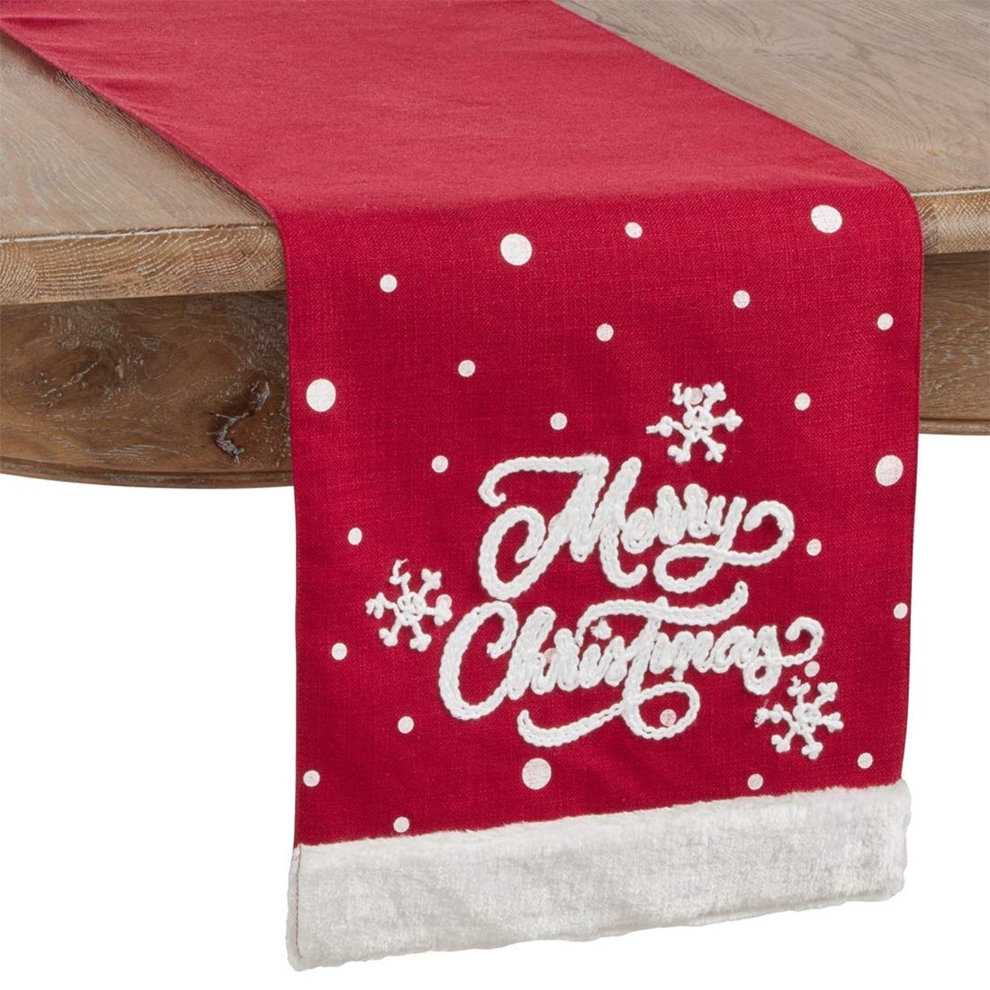 Fennco Styles Embroidered Merry Christmas Snowflake Table Runner 13 x 72 Inch - Red Table Cover for Home Décor, Banquets, Holiday Gathering and Special Events