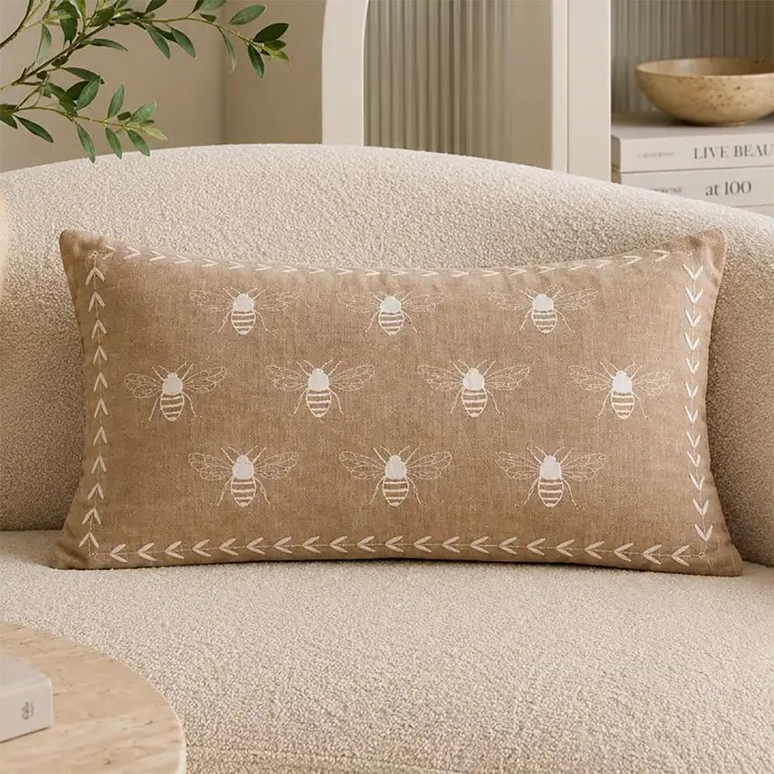 Fennco Styles Ivory Embroidered Bee Decorative Filled Throw Pillow, 18" X 18", 1-Pack