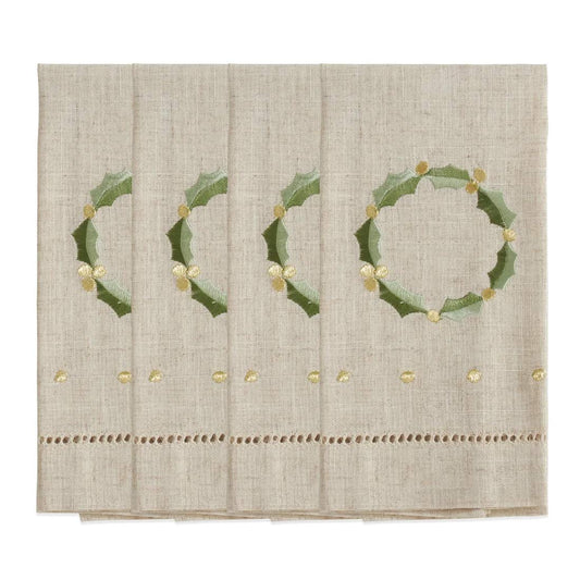 Fennco Styles Embroidered and Hemstitched Design Wreath Linen-Poly Guest Towels 14 x 22 Inch, Set of 4 – Natural Modern Hand Towels for Bathroom Decor, Bar Accessories, Wedding Gift