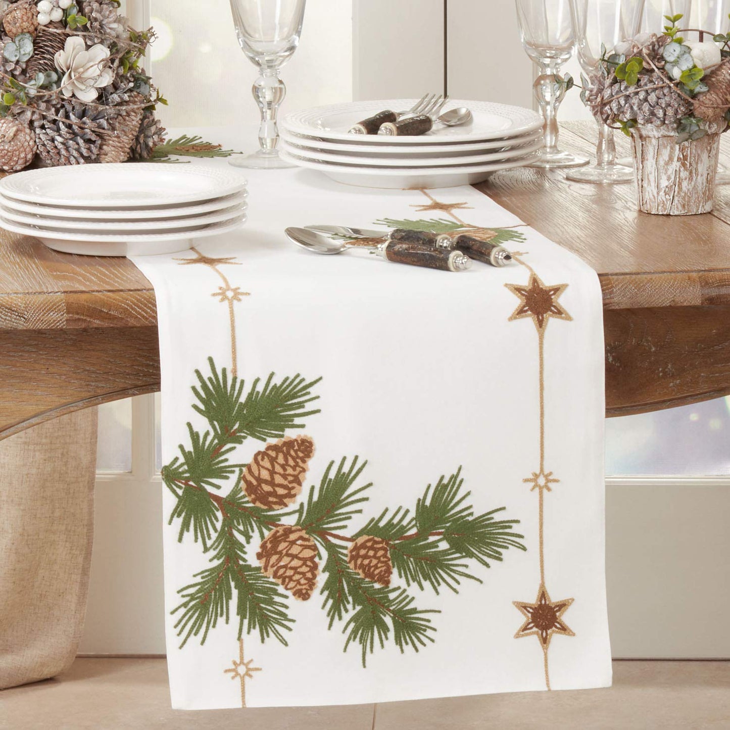 Fennco Styles Embroidered Pinecone Christmas Table Runner 16" W x 70" L - Festive Table Cover for Home Décor, Dining Table, Banquet, Family Gathering, Holiday and Special Occasion