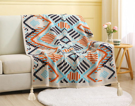 Fennco Styles Multicolored Geometric Knit Throw Blanket with Tassel 50" W x 60" L – Tribal Pattern Boho Lightweight Blanket for Couch, Bedroom, Living Room and Office Décor