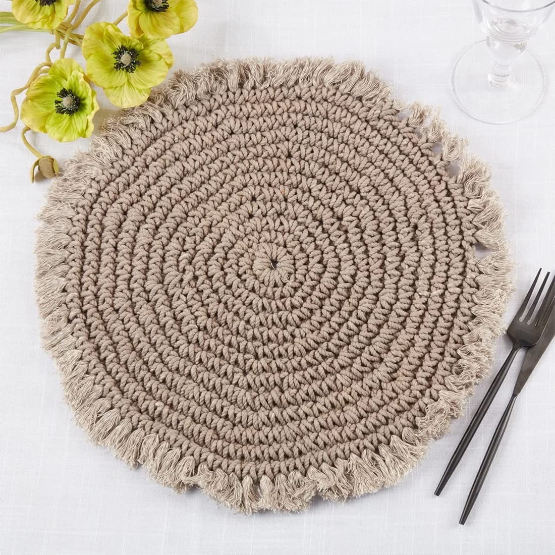 Fennco Styles Boho Macrame Cotton Placemats 15" Round, Set of 2 - Natural Braided Fringe Table Mats for Home, Dining Room, Banquets, Family Gathering and Special Events