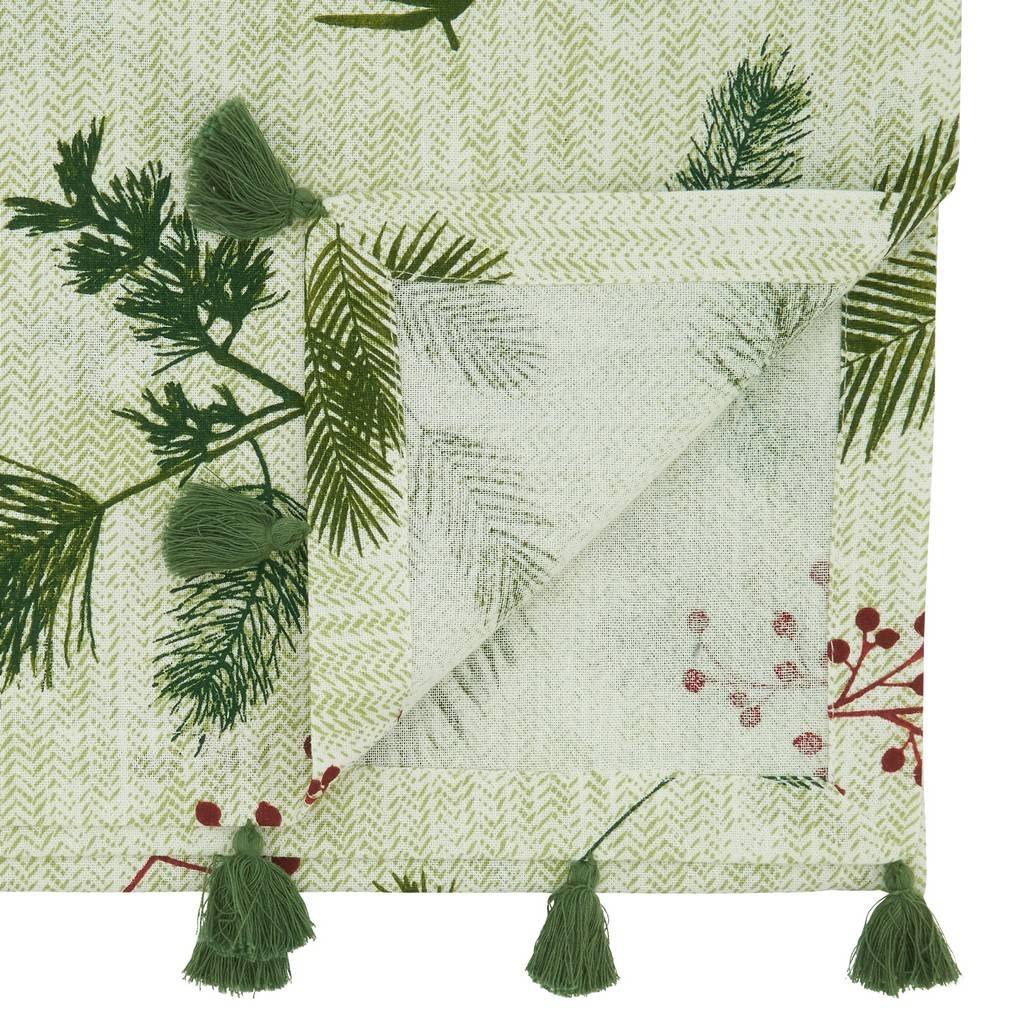 Fennco Styles Pine Needle & Red Berry Cotton Christmas Table Runner with Tassel 16"W x 72"L - Red & Green Festive Table Cover for Home, Dining Room, Winter Holiday Décor, Banquets, and Special Events