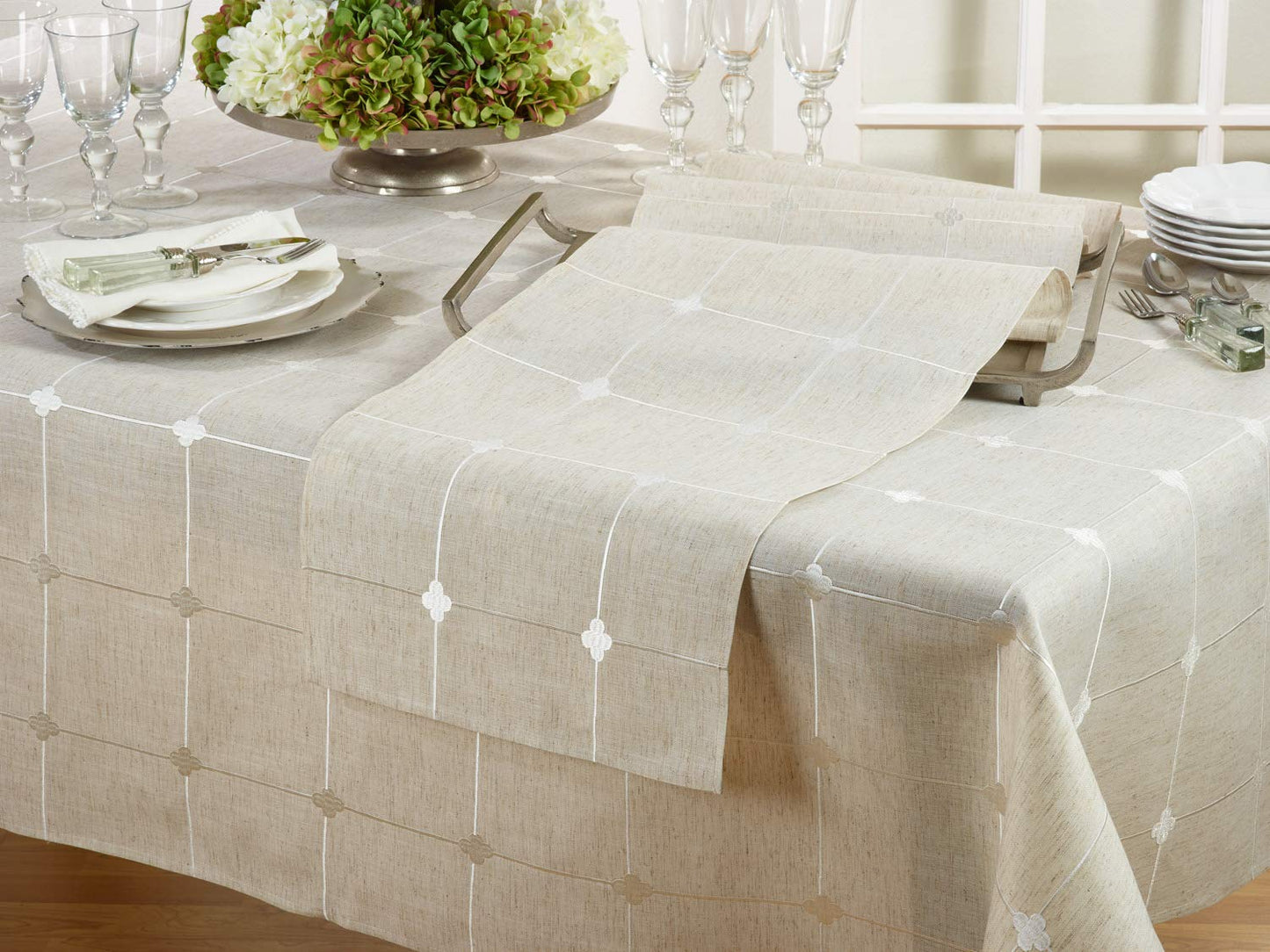 Fennco Styles Beautiful Embroidered Check Pattern Decorative Tablecloth