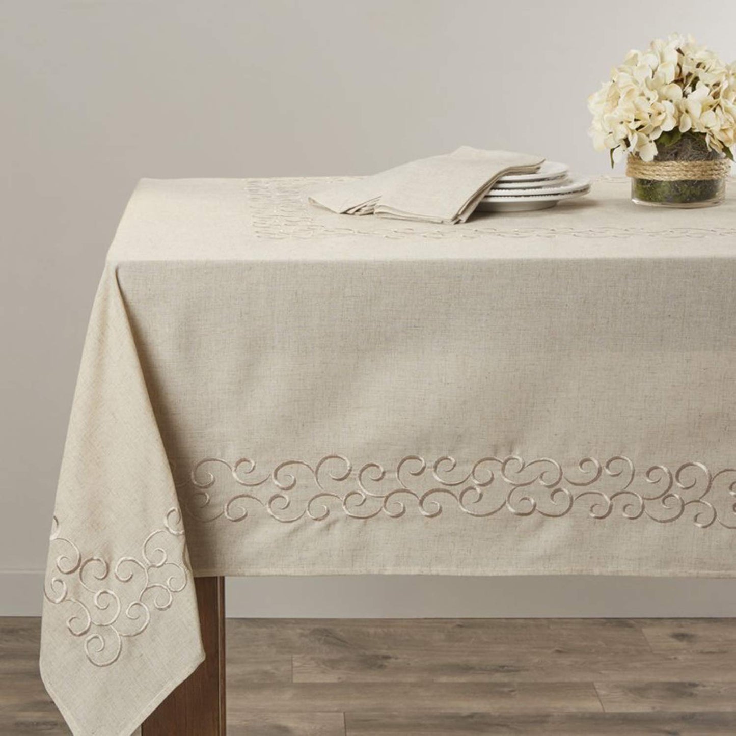 Fennco Styles Classic Embroidery Scroll Border Linen Blend Tablecloth - Natural Tablecloth for Wedding, Banquet, Special Events and Home Décor