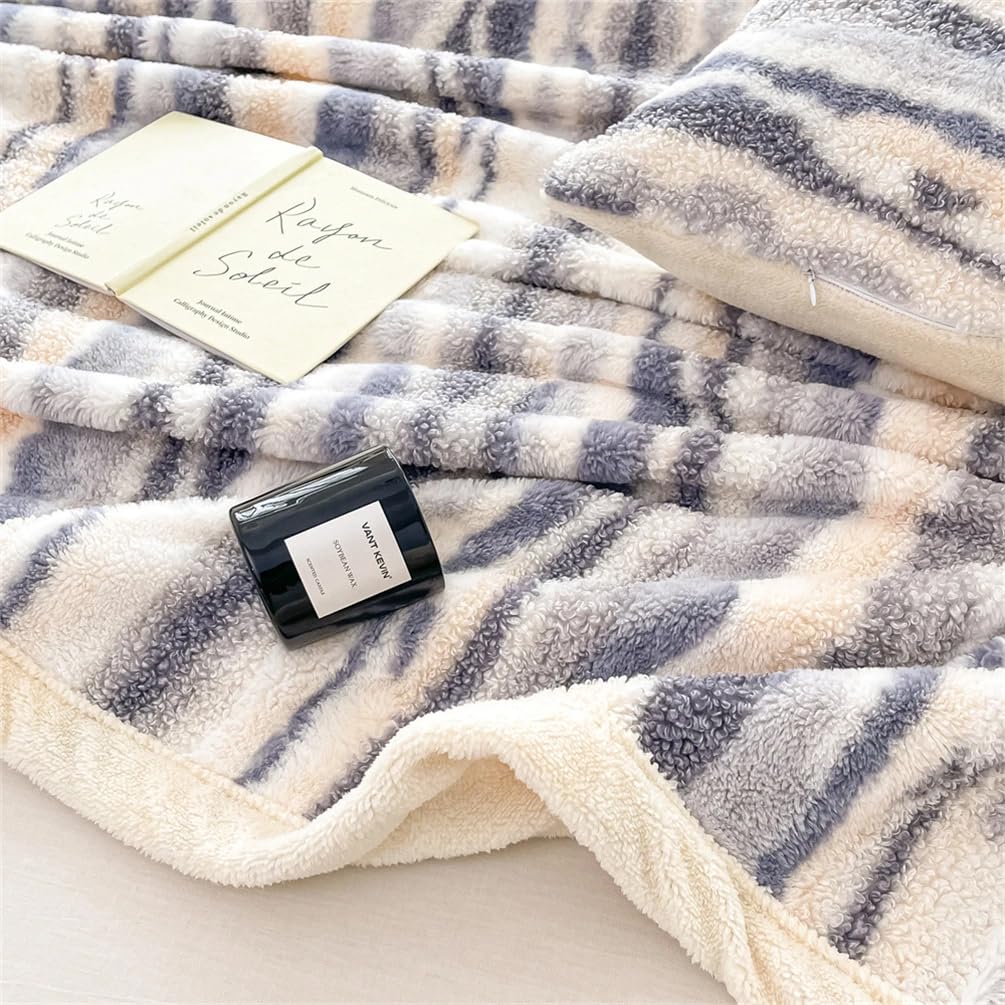 Fennco Styles Beige Stripe Fuzzy Faux Fur Fleece Throw Blanket 60" W x 80" L – Reversible Plush Fluffy Soft Blanket for Home, Couch, Bedroom, Living Room, Office, and Holiday Décor