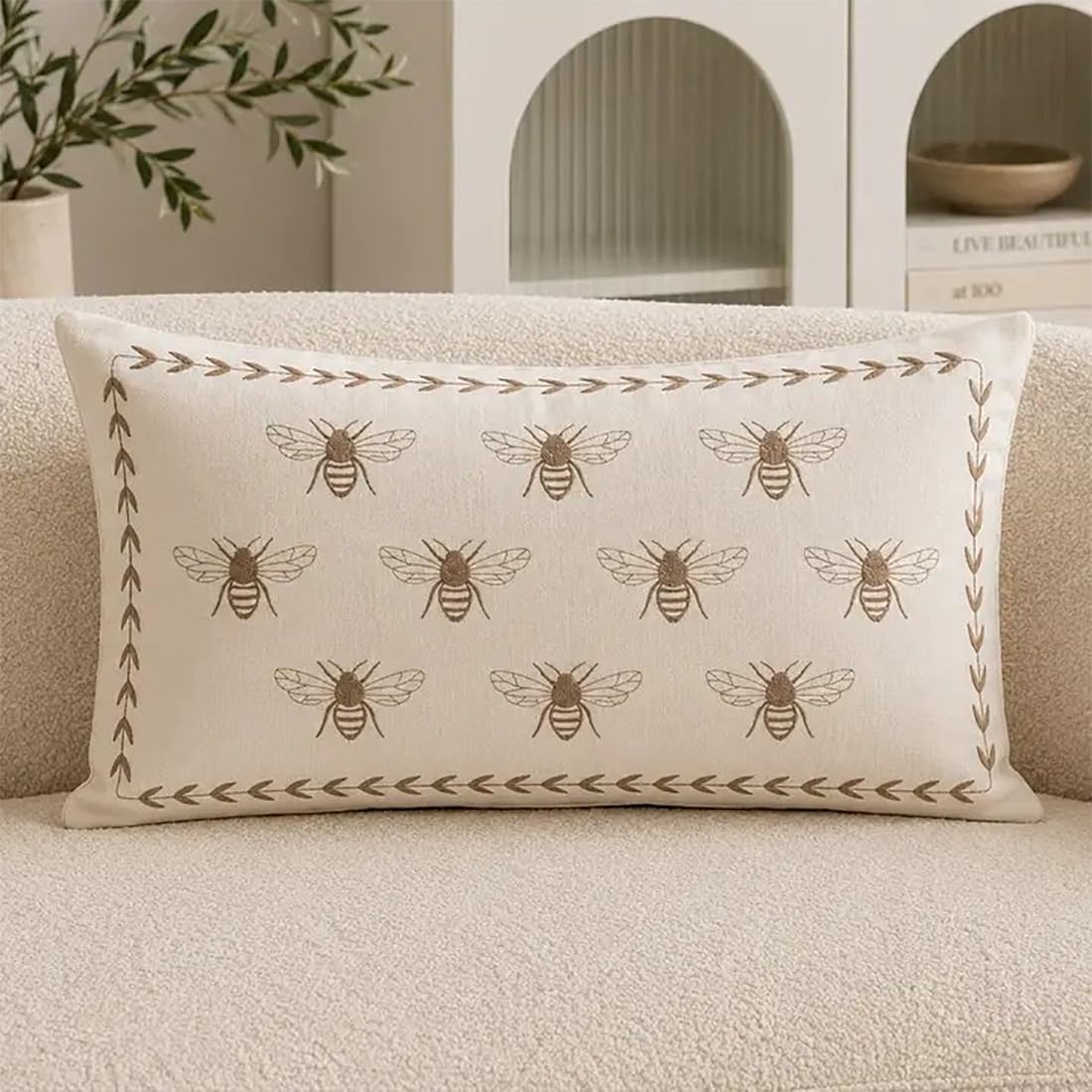 Fennco Styles Ivory Embroidered Bee Decorative Filled Throw Pillow, 18" X 18", 1-Pack