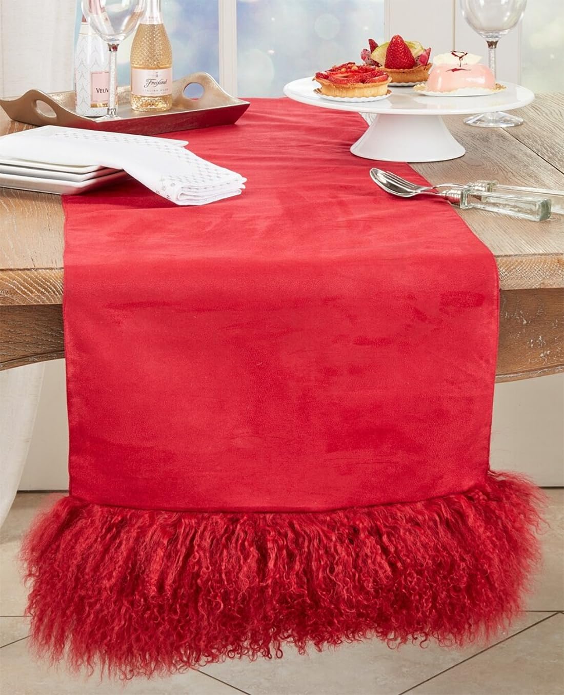 Fennco Styles Genuine Mongolian Lamb Fur Table Runner 16" W x 72" L – Black Plush Table Cover for Dining Room, Banquets, Family Gatherings, Holidays, Special Events and Home Décor