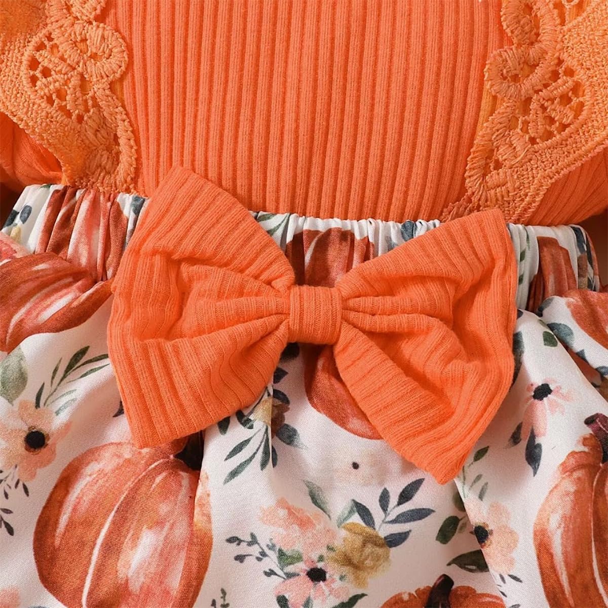 stylesilove Infant Baby Girl Orange Fall Pumpkin Long Sleeve Lace Romper Dress & Bow Headband 2pcs Autumn Harvest Outfit