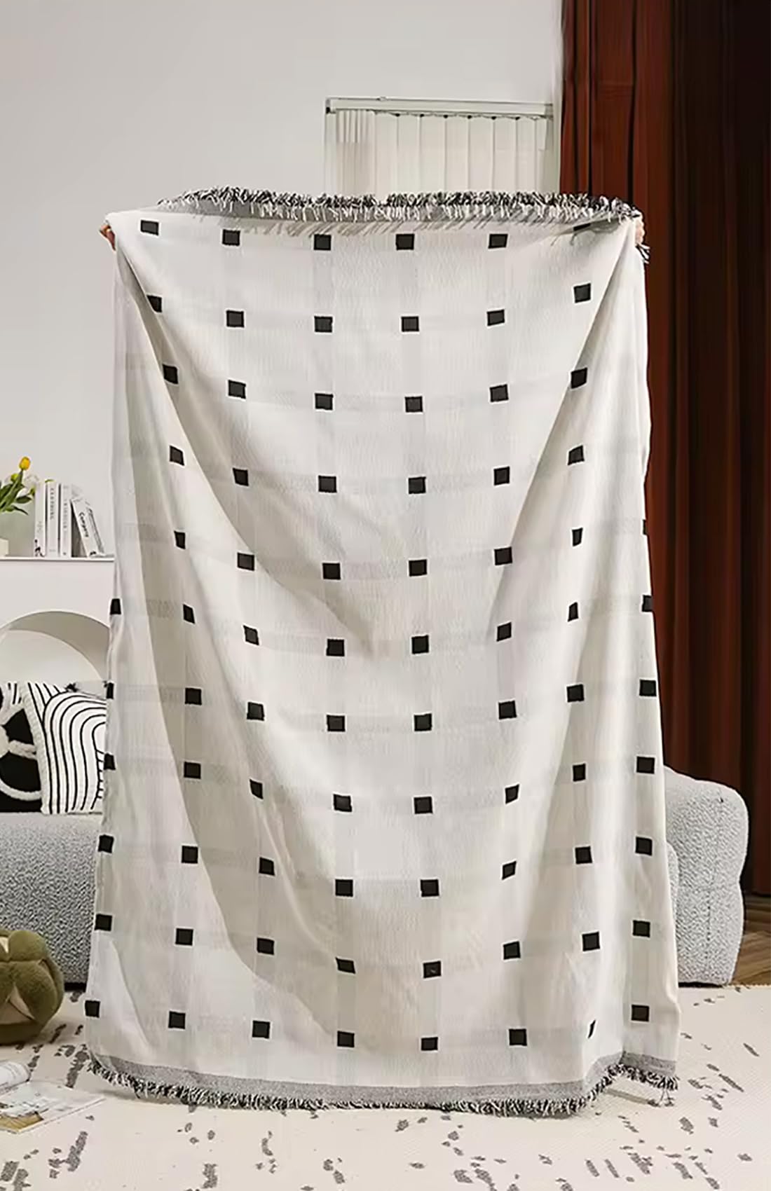 Fennco Styles Checkered Fringe Chenille Reversible Throw Blanket 50" W x 72" L - Black and White Plaid Woven Soft Blanket for Bed, Couch, Sofa, Home, Office and Holidays Décor