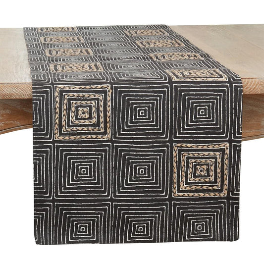Fennco Styles Embroidered Maze Design Cotton Table Runner 16" W x 72" L - Black Textured Woven Table Cover for Everyday Use, Dining Room, Banquets, Family Gatherings, Holidays and Home Décor