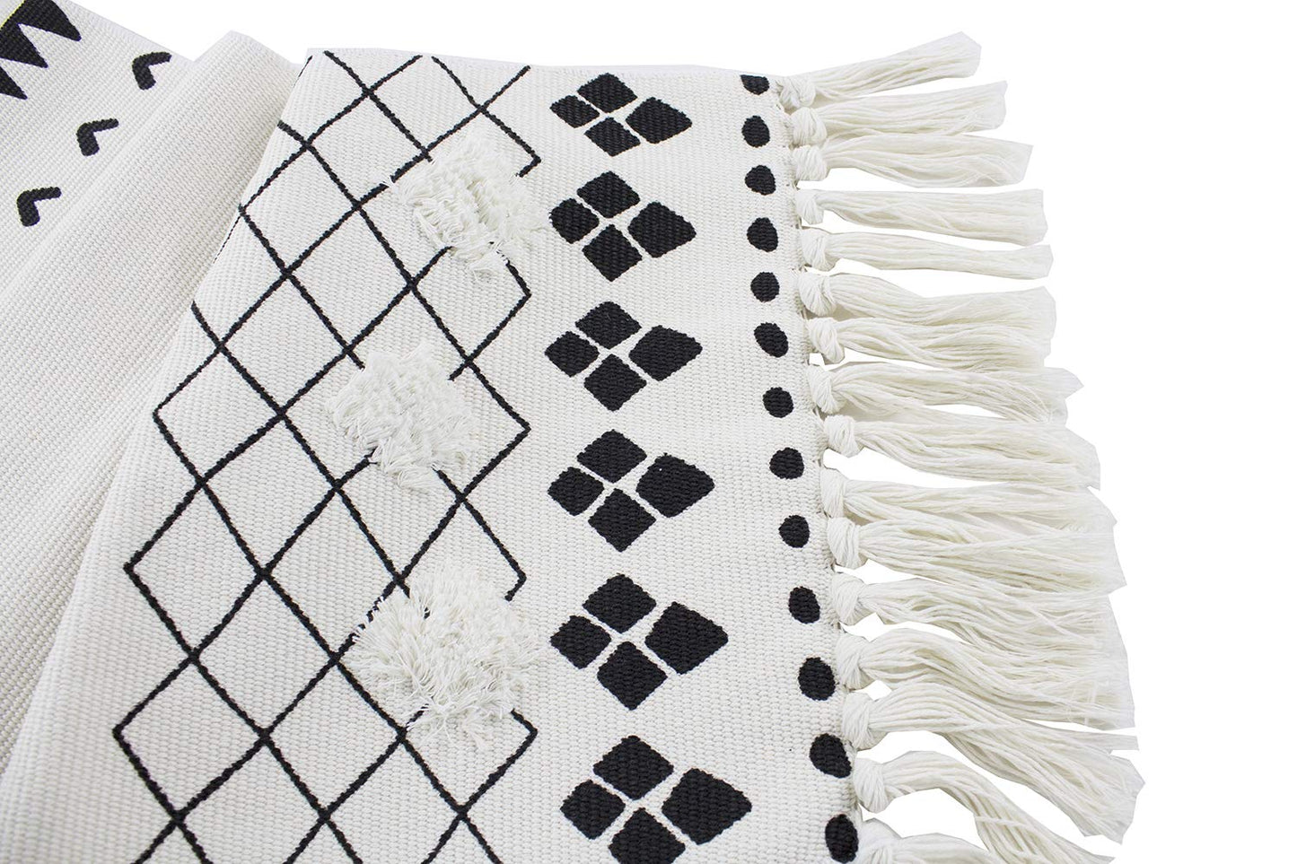 Fennco Styles Boho Farmhouse Woven Fringe Tasseled 14 x 71 Inch Tribal Table Runner – White and Black Table Runner for Everyday Use, Dinner Parties, Special Events and Home Décor
