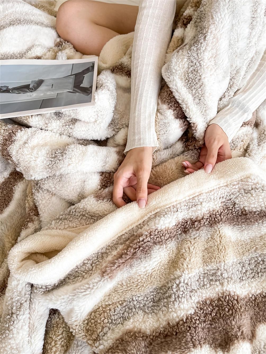 Fennco Styles Beige Stripe Fuzzy Faux Fur Fleece Throw Blanket 60" W x 80" L – Reversible Plush Fluffy Soft Blanket for Home, Couch, Bedroom, Living Room, Office, and Holiday Décor