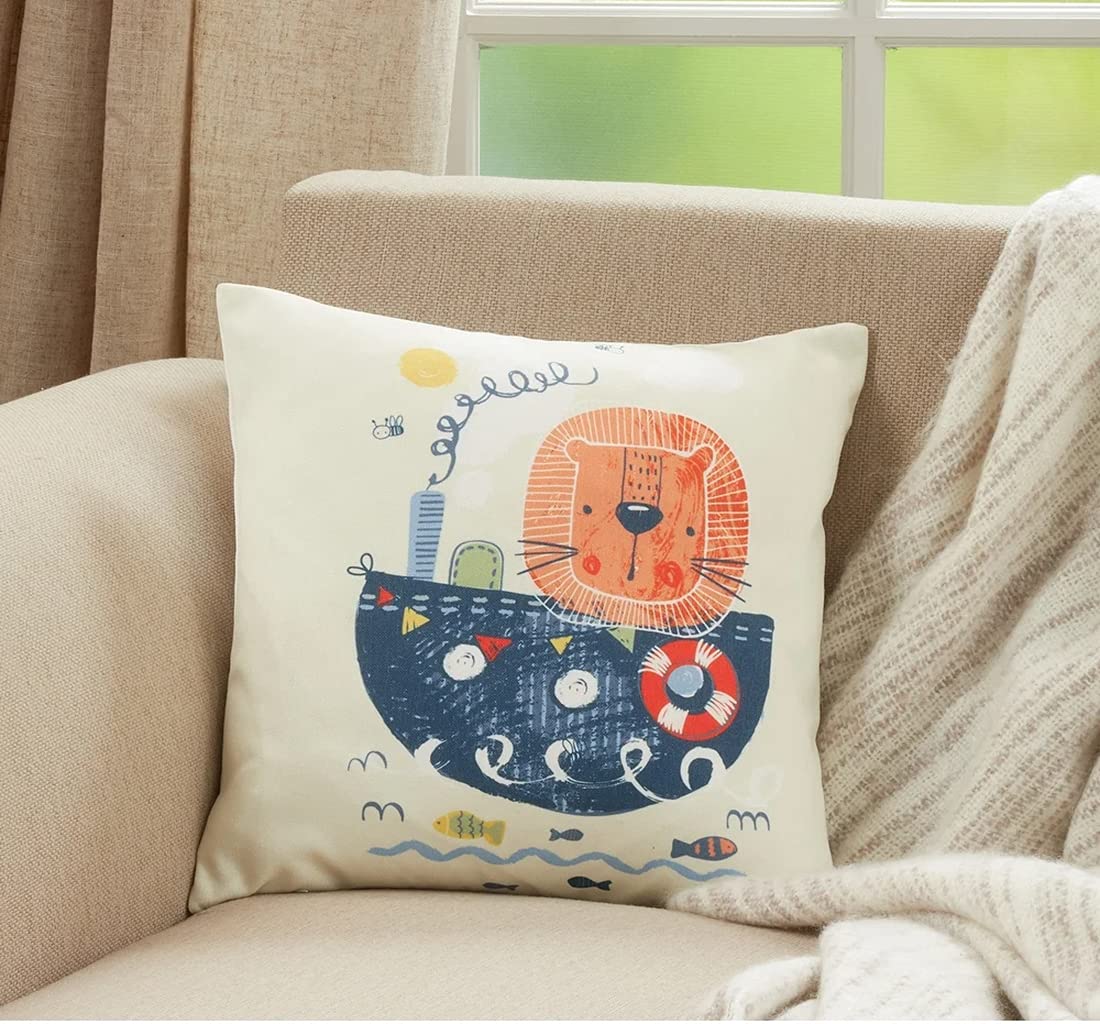 Fennco Styles Cute Sailor Lion Print Decorative Filled Throw Pillow 16" W x 16" L - Multicolored Cushion for Home, Kids Room, Playroom, Bedroom, Living Room, Office Décor and Birthday, Holiday