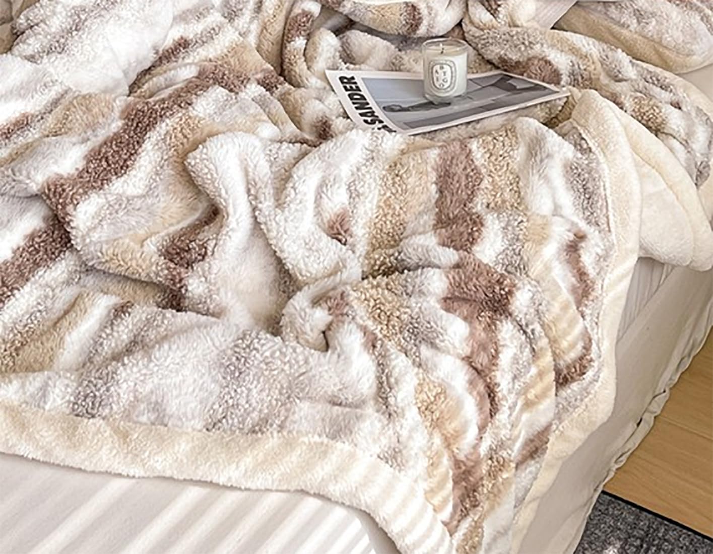 Fennco Styles Beige Stripe Fuzzy Faux Fur Fleece Throw Blanket 60" W x 80" L – Reversible Plush Fluffy Soft Blanket for Home, Couch, Bedroom, Living Room, Office, and Holiday Décor