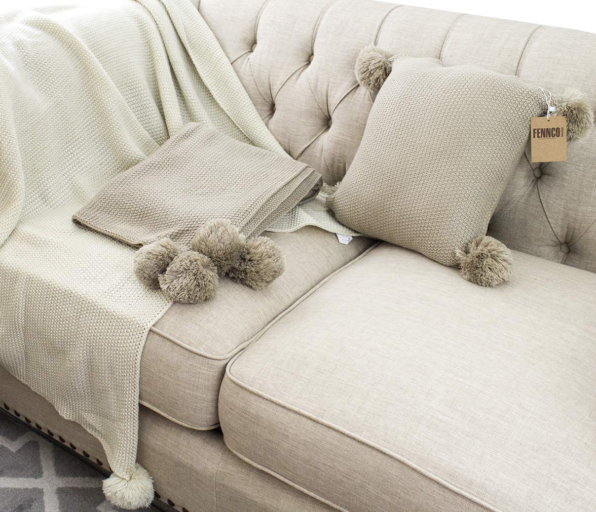 Fennco Styles Chunky Knit Pom Pom Design Solid Color Decorative Throw Pillow Cover 16" W X 16" L - 2 Colors