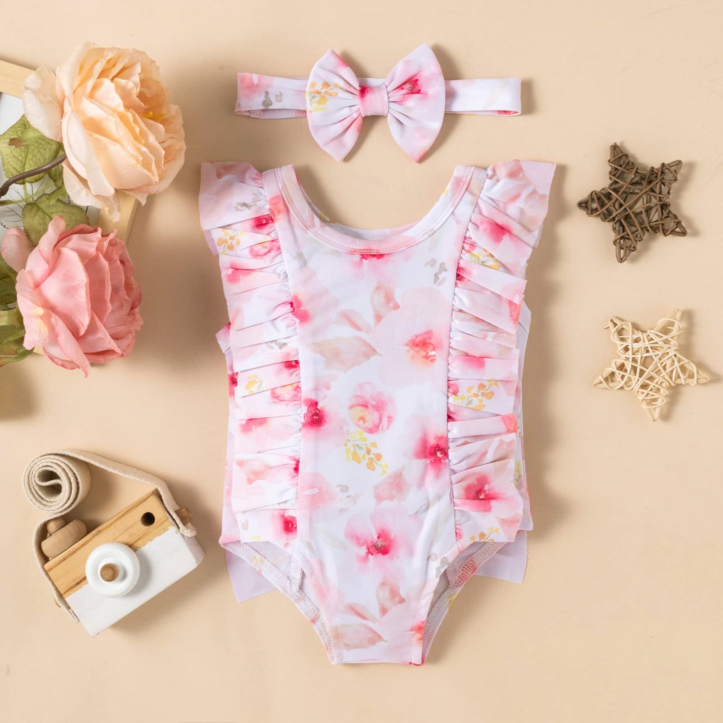 stylesilove Baby Toddler Girls Watercolor Floral Print Ruffled One-Piece Swimsuit & Headband Pink Bathing Suit Beach Swimwear