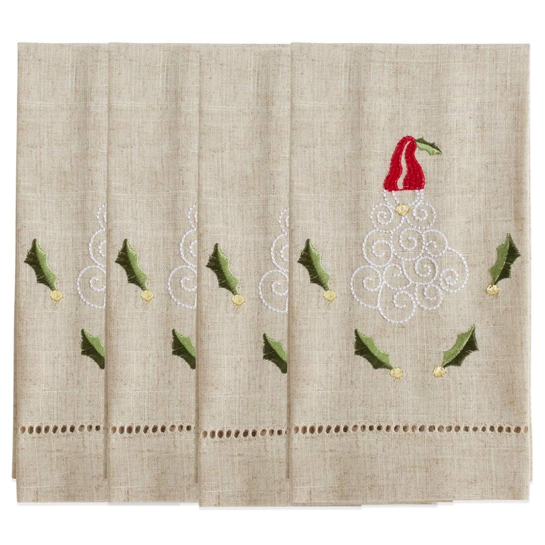 Fennco Styles Embroidered and Hemstitched Design Santa Linen-Poly Guest Towels 14 x 22 Inch, Set of 4 – Natural Modern Hand Towels for Christmas, Bathroom Decor, Bar Accessories, Wedding Gift