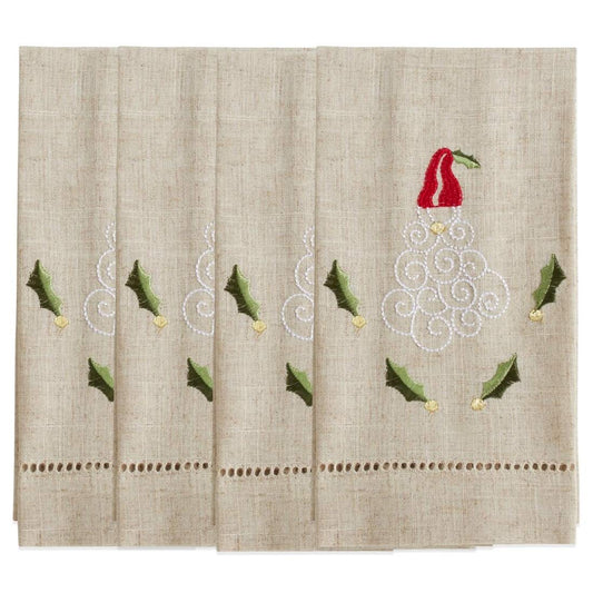 Fennco Styles Embroidered and Hemstitched Design Santa Linen-Poly Guest Towels 14 x 22 Inch, Set of 4 – Natural Modern Hand Towels for Christmas, Bathroom Decor, Bar Accessories, Wedding Gift