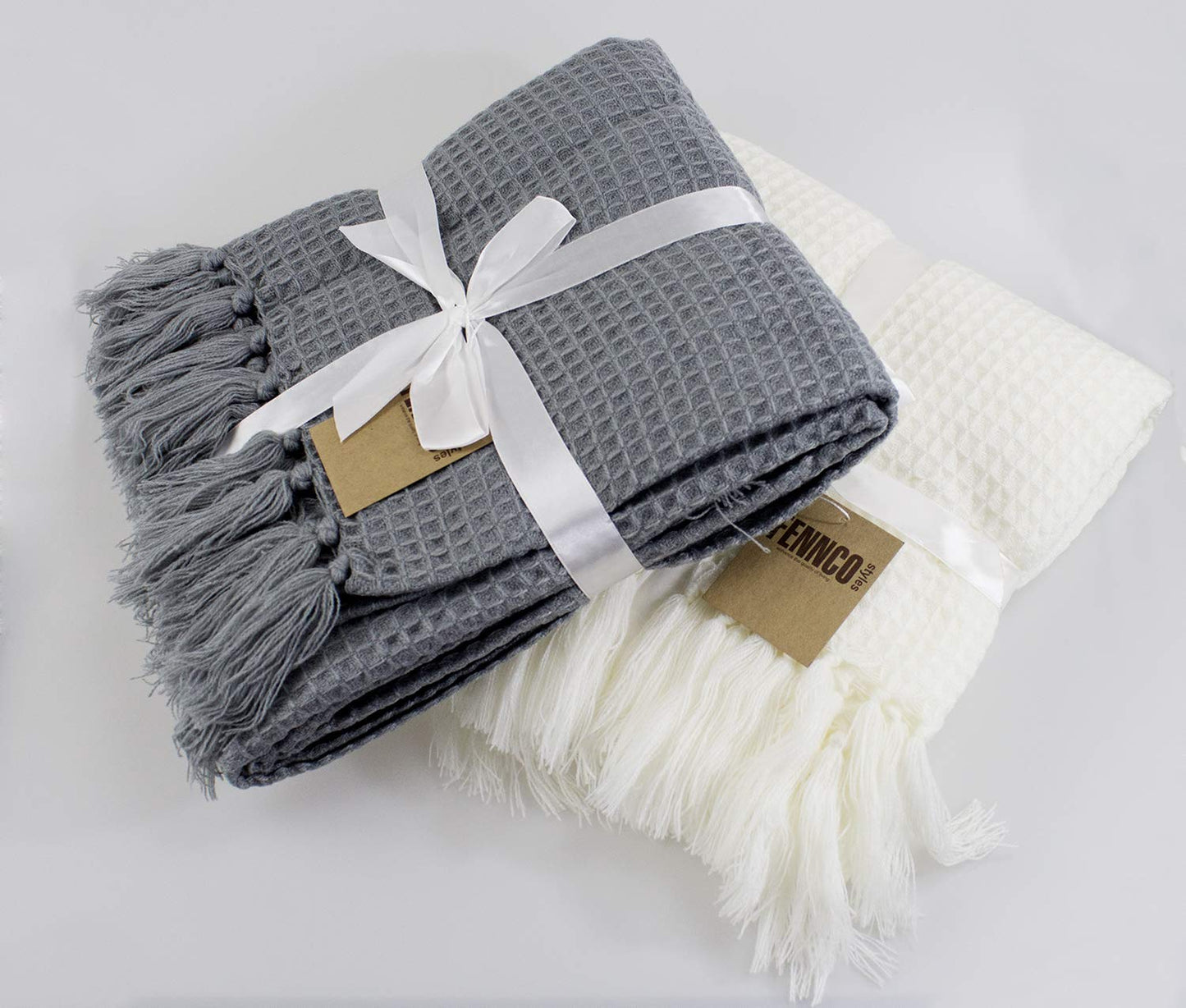 Fennco Styles Classic Waffle Weave Tassel Trim 50 x 60 Inch Throw - Grey Throw Blanket for Couch, Bedroom and Living Room Décor