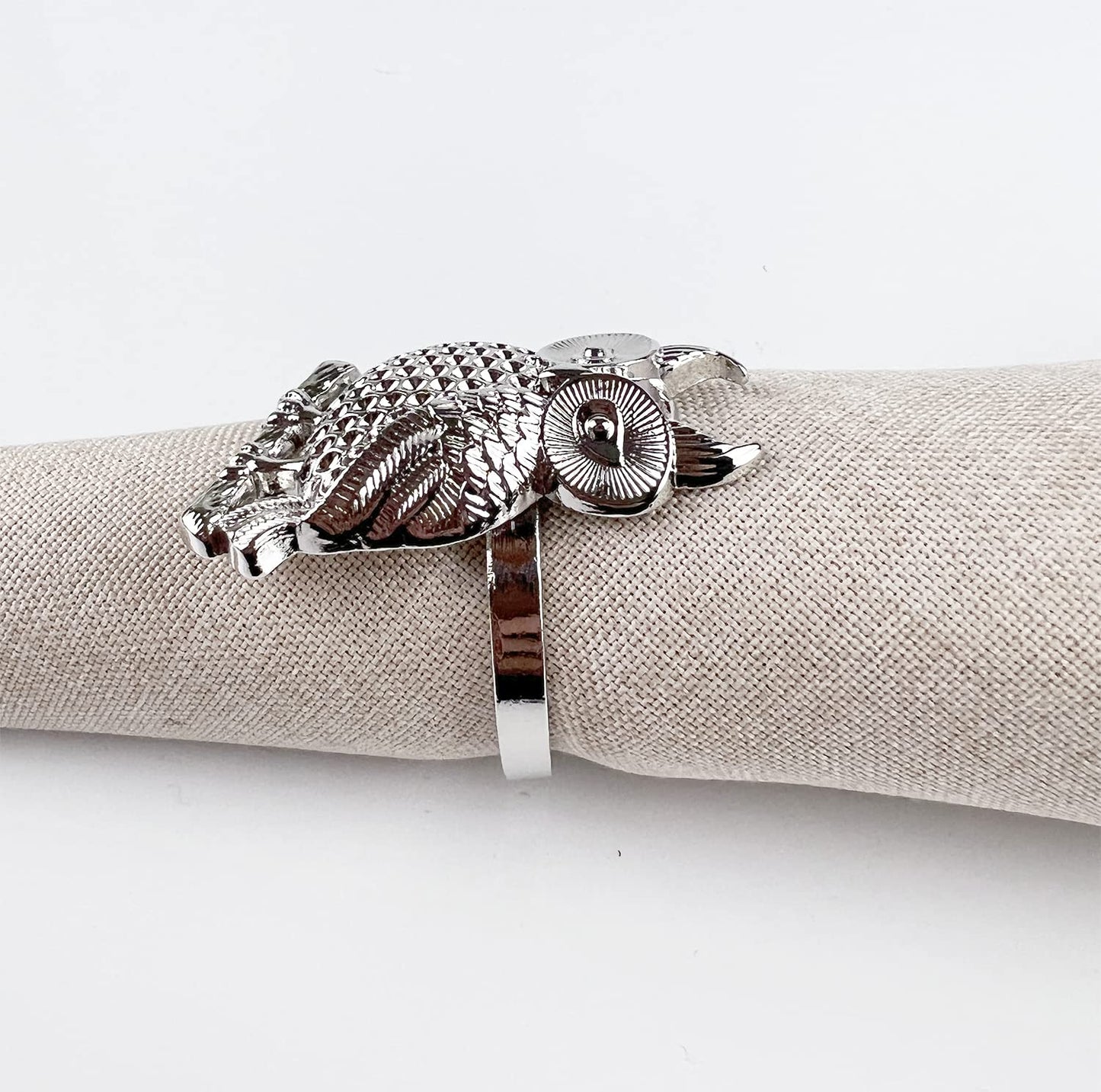 Fennco Styles Perched Owl Metal Napkin Rings, Set of 4 - Animal Napkin Holders for Home Décor, Dining Table, Banquets, Family Gathering and Special Occasions