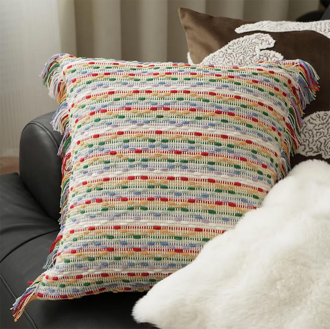 Fennco Styles Yarn Dyed Jacquard Decorative Throw Pillow Cover 18" W x 18" L - Colorful Striped Fringe Cushion Case for Home, Couch, Bedroom, Living Room and Office Décor
