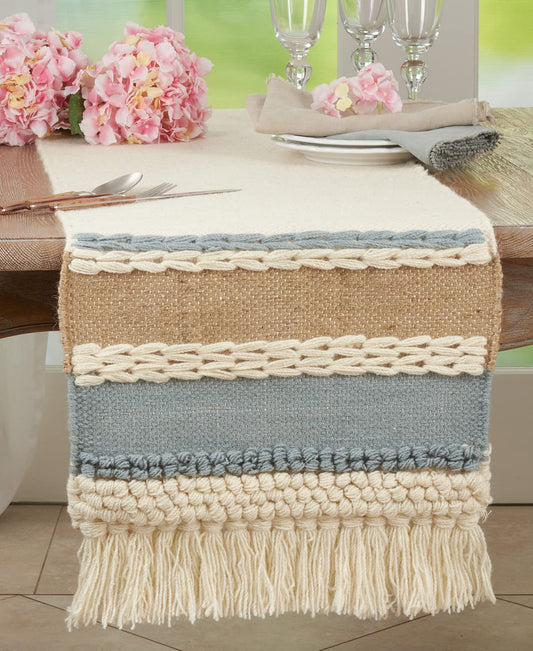 Fennco Styles Textured Boho 100% Wool Decorative Table Runner 16" W x 72" L - Blue Woven Bohemian Table Cover for Home Décor, Dining Table, Banquets and Special Occasion