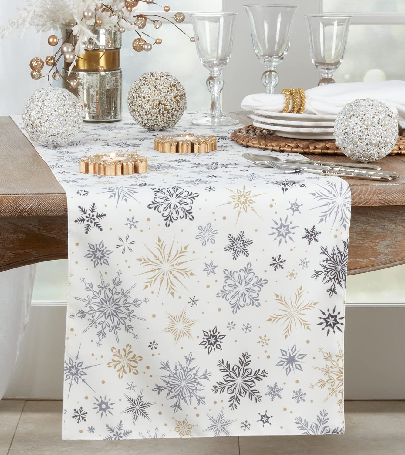 Fennco Styles Festive Snowflake Holiday Table Runner 16" W x 70" L - White Woven Table Cover for Home, Dining Room, Banquets and Christmas Décor