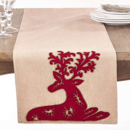 Fennco Styles Elegant Holiday Embroidered Deer Cotton Table Runner 16 x 72 Inch - Christmas Table Cover for Home, Dining Table, Banquets, Family Gathering and Special Occasion