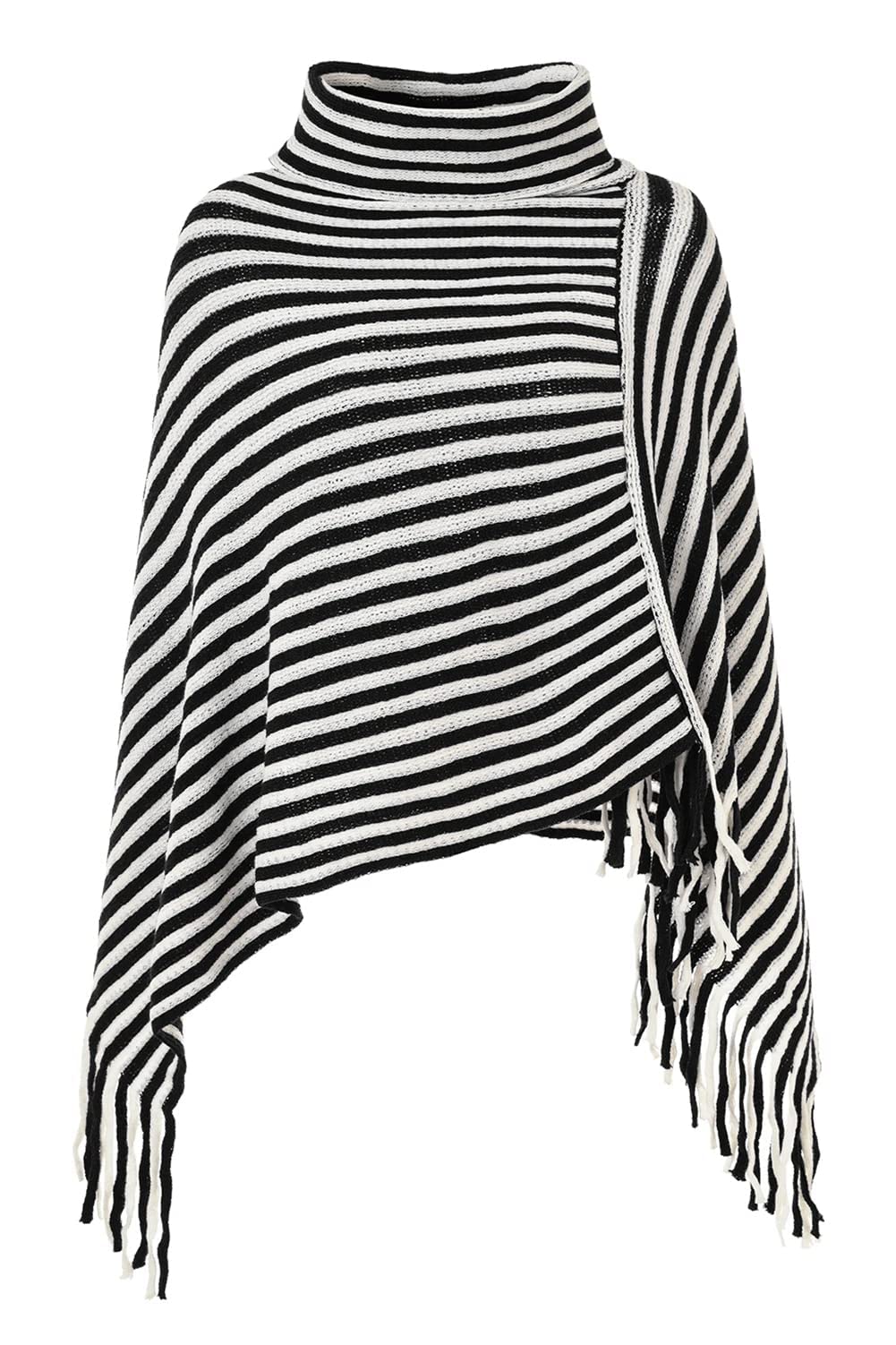 stylesilove Women Autumn Winter Knit Striped Turtleneck Fringe Poncho Pullover Shawl Warm Soft Wrap Lightweight Cape