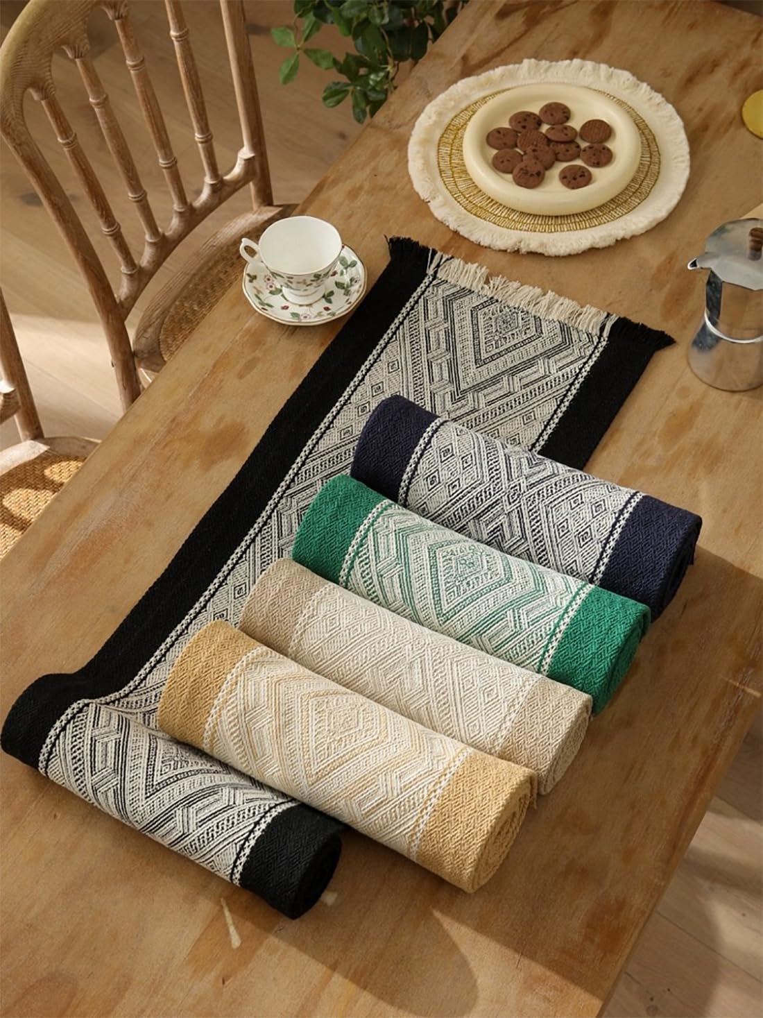Fennco Styles Diamond Weave Fringe Cotton Blend Table Runner 14" W x 72" L - Beige Geometric Rectangular Table Cover for Boho Décor, Dining Table, Banquets, Family Gatherings