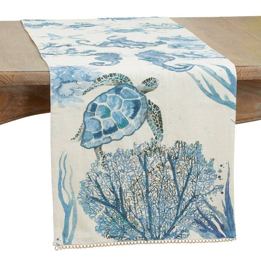 Fennco Styles Coastal Collection Sea Life Embroidered Table Runner 16" W x 72" L - Blue Nautical Table Cover for Everyday Use, Family Gathering, Banquets and Special Occasion