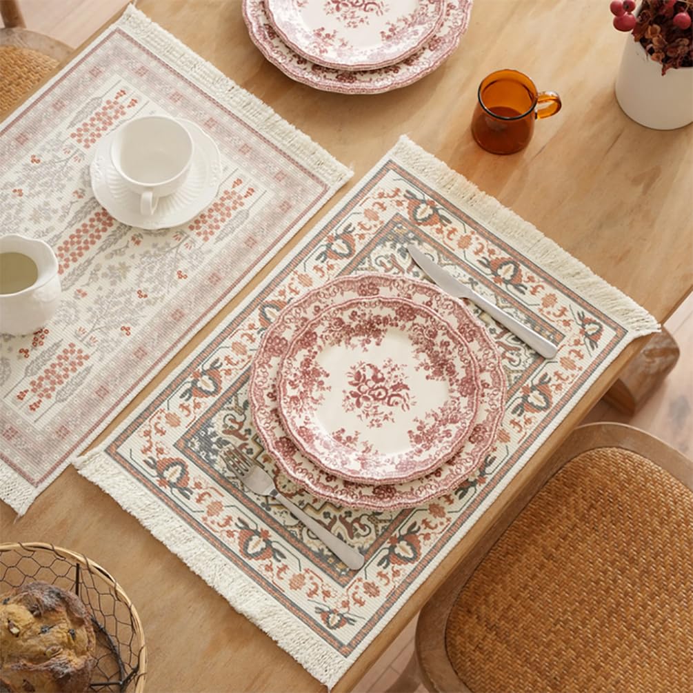 Fennco Styles Antique Turkish Printed with Fringe Placemats 14" W x 19" L, Set of 4 - Brown Oriental Woven Table Mats for Dining Room, Banquets, Family Gatherings, and Holidays