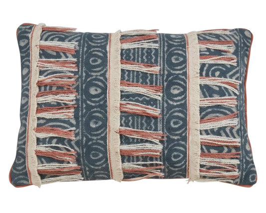 Fennco Styles Bohemian Block Print Embroidered Fringe Design Decorative Throw Pillow Cover & Insert 16 x 24 Inch - Blue Cotton Pillow Case for Home, Couch, Bedroom Décor and Special Occasion