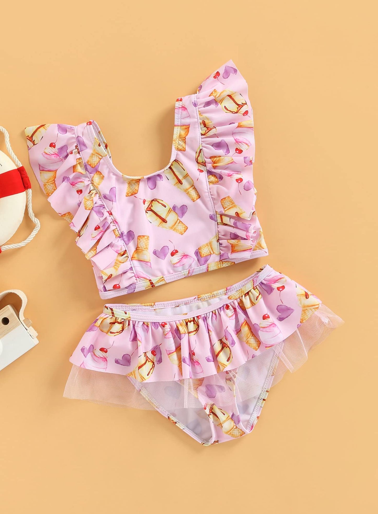 stylesilove Toddler Kid Girls Ice Cream Printed Ruffle 2pcs Bikini Set Flutter Tankini Swimsuit Bathing Suit Beach Swimwear