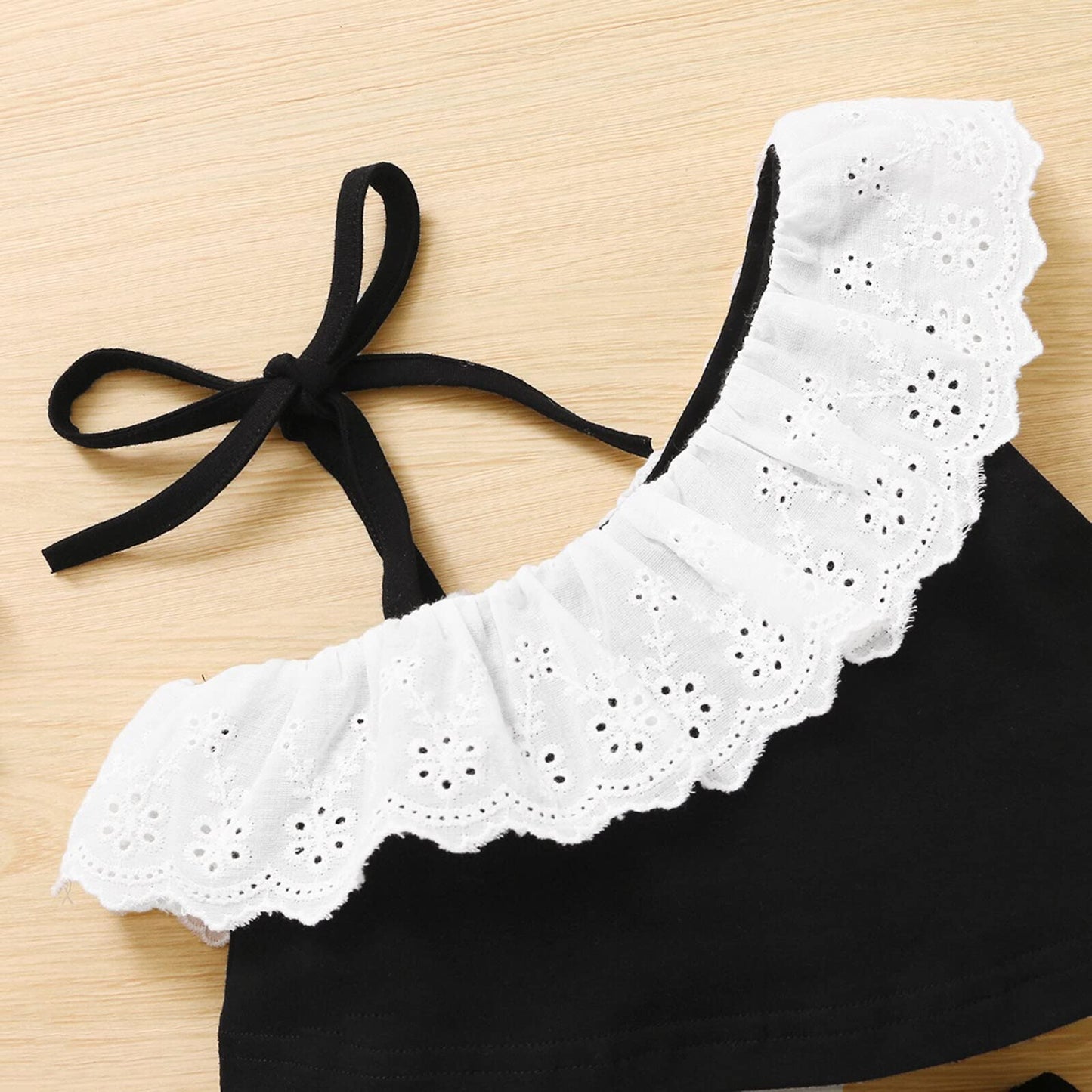 stylesilove Infant Baby Girls Black Asymmetric Ruffled Eyelet Crop Top and Shorts, Bow Headband 3pcs Cotton Summer Outfit