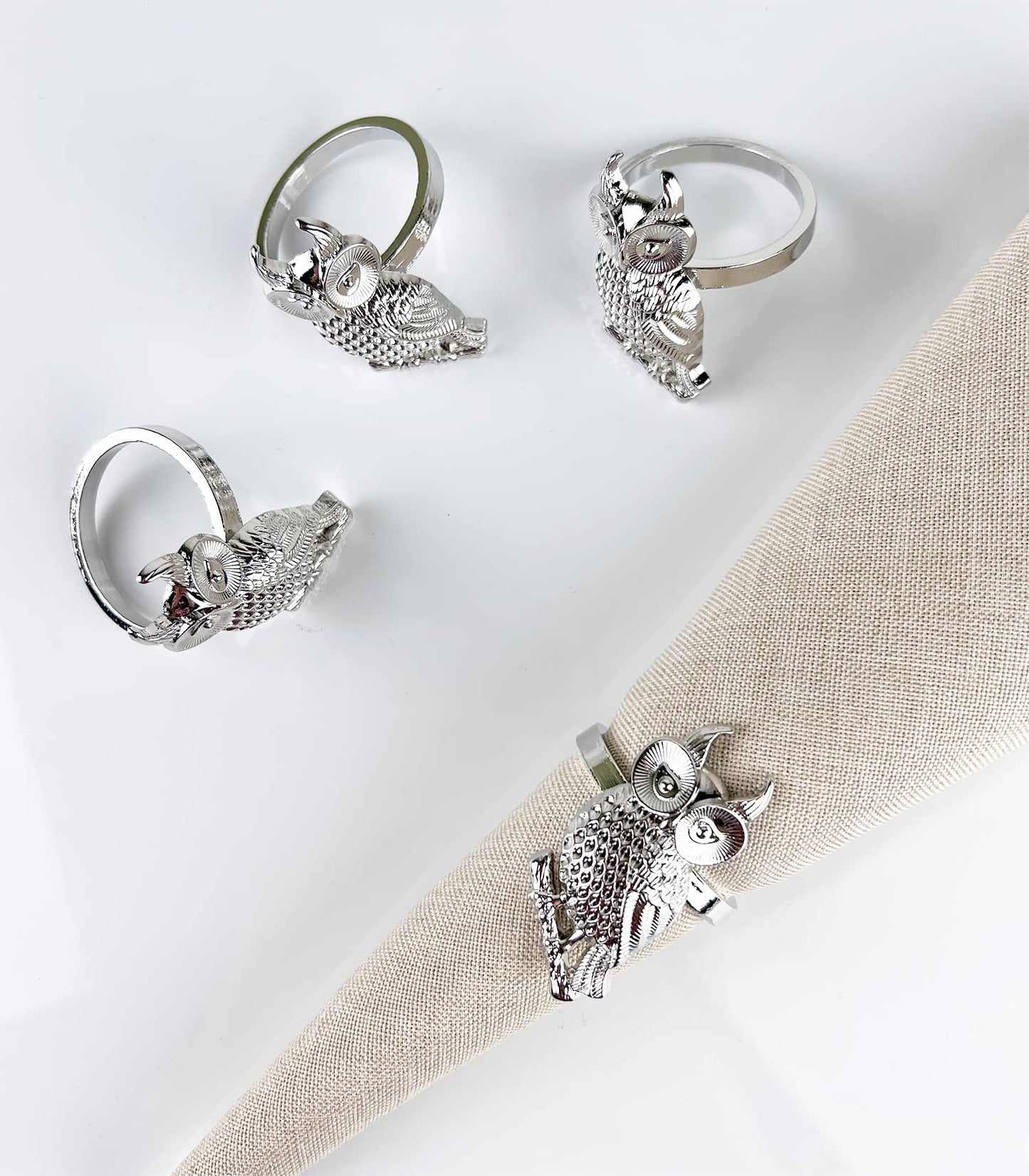 Fennco Styles Perched Owl Metal Napkin Rings, Set of 4 - Animal Napkin Holders for Home Décor, Dining Table, Banquets, Family Gathering and Special Occasions