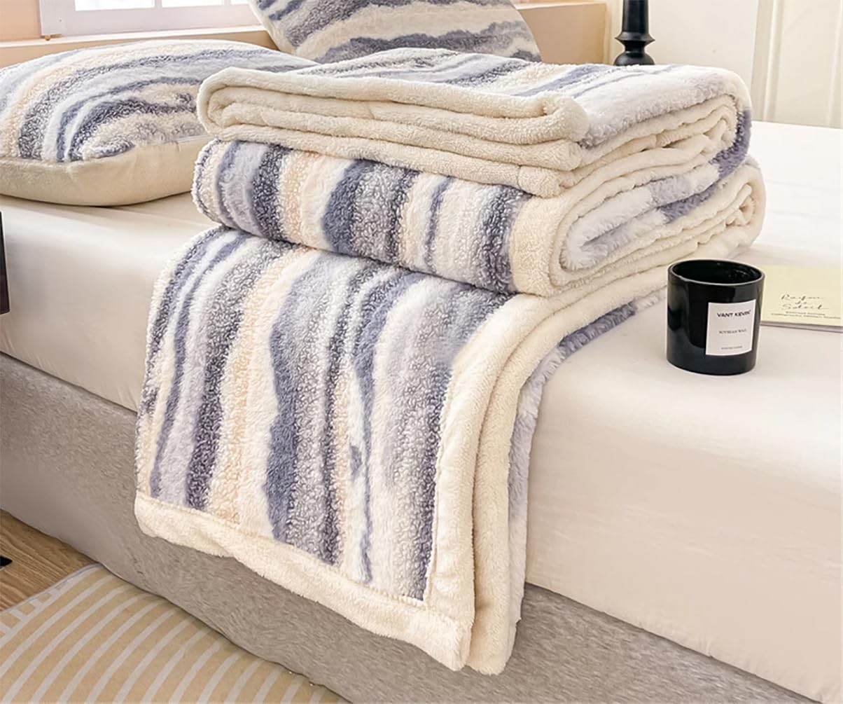 Fennco Styles Beige Stripe Fuzzy Faux Fur Fleece Throw Blanket 60" W x 80" L – Reversible Plush Fluffy Soft Blanket for Home, Couch, Bedroom, Living Room, Office, and Holiday Décor